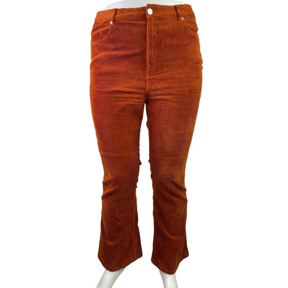 Monki Women's Orange Corduroy High Waisted Flared Boocut Trousers Pants Size 48